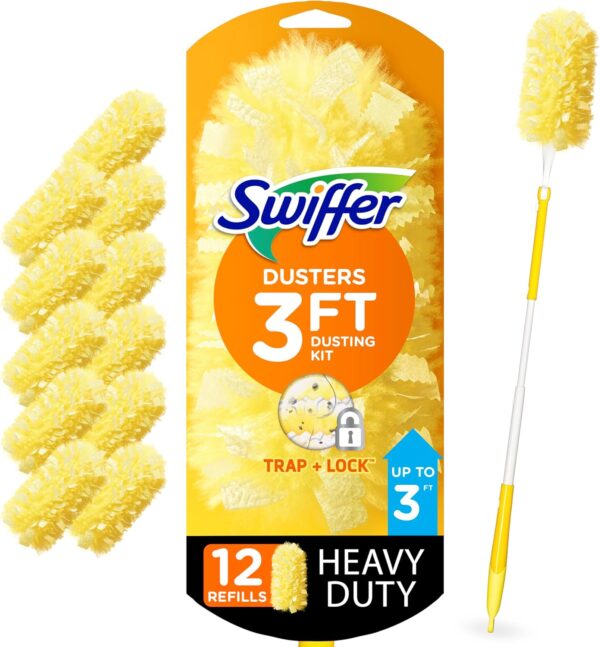 Swiffer Duster Heavy Duty Dusting Kit 3 ft Extended Handle, 1 Duster, 12 Refills